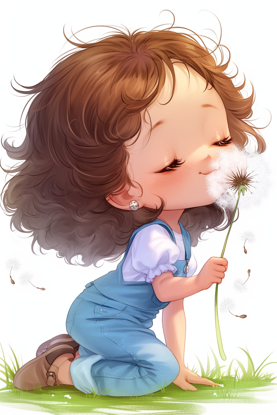 Cute girl blowing dandelion in silver outfit