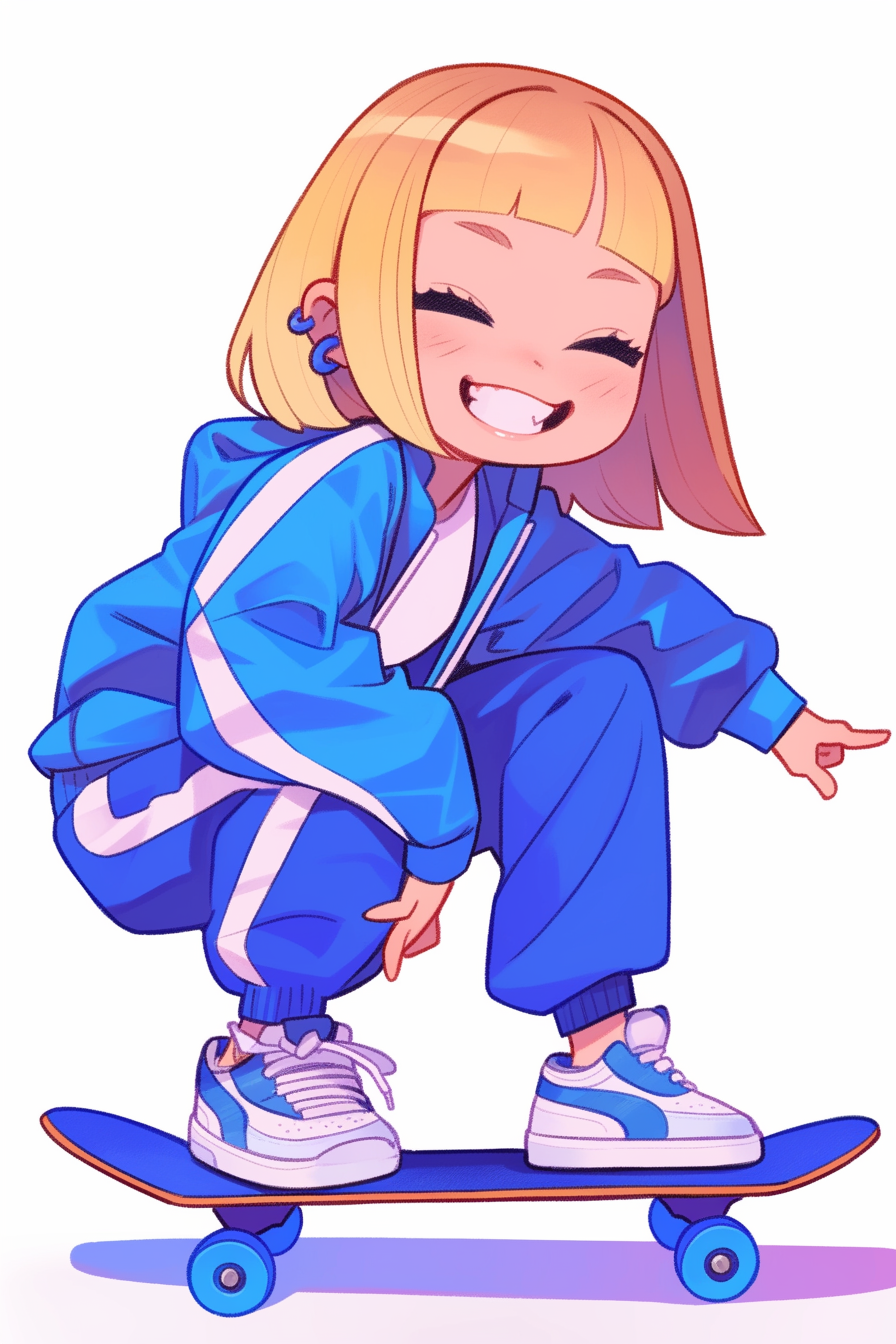 Cute girl in Armani tracksuit skateboarding