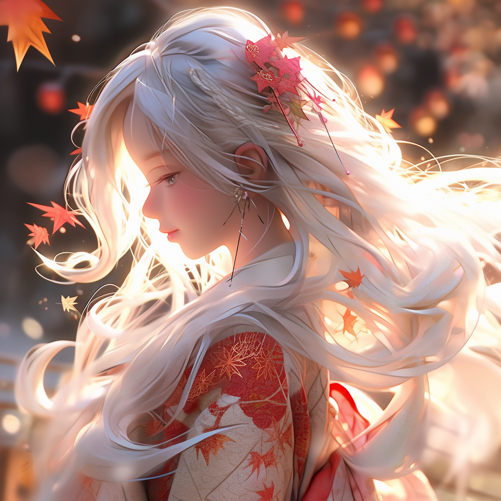 Cute girl with white hair in kimono, 3D animation.