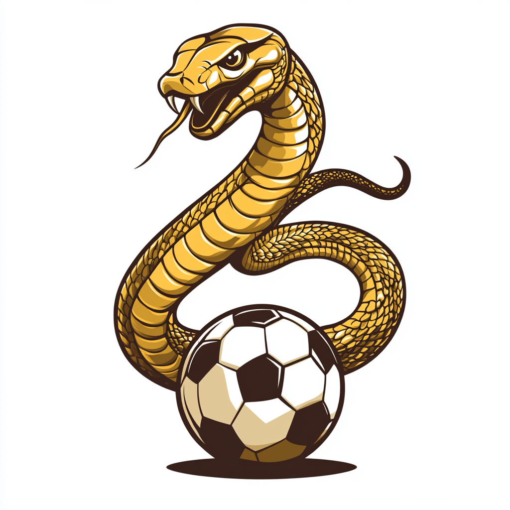 Cute gold cobra hitting soccer ball cartoon