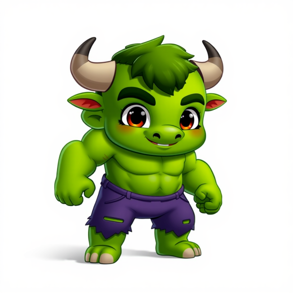 Cute green bull in torn purple pants.