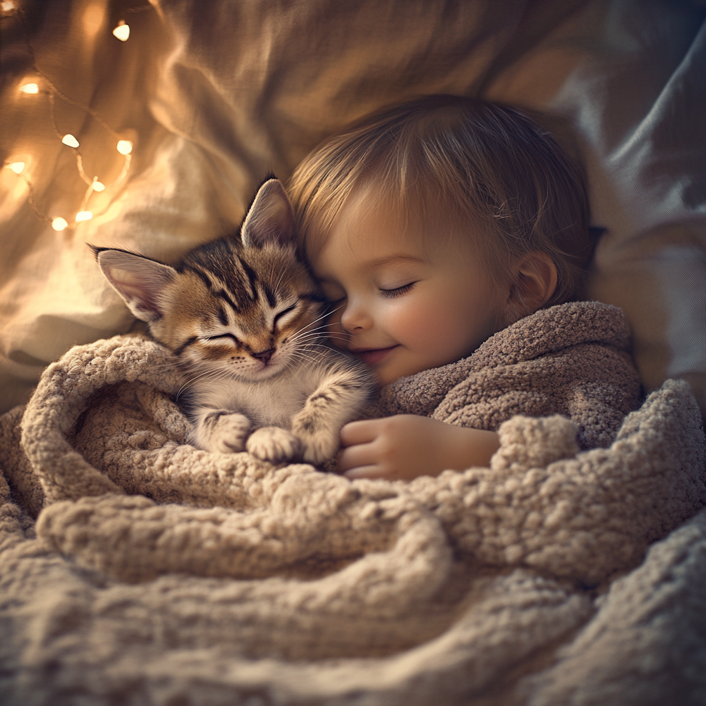 Cute kitten cuddling baby bunny in cozy room.