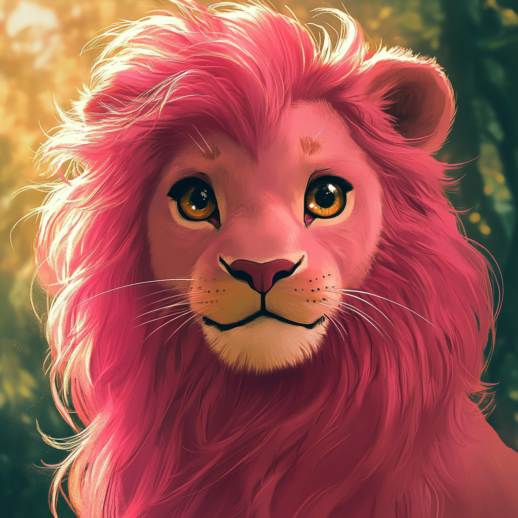 Cute lion character design with long pink hair.