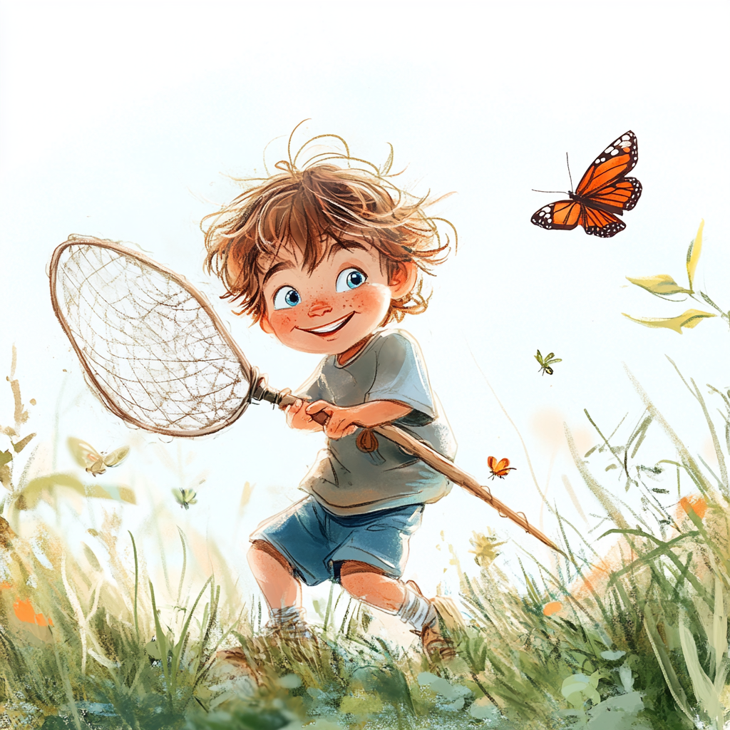 Cute little boy with messy hair catches butterflies.