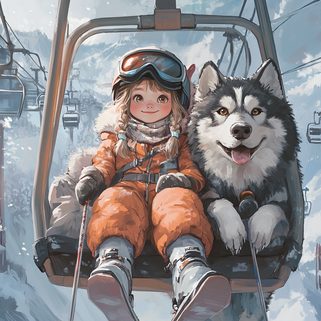 Cute little girl and husky on ski lift.