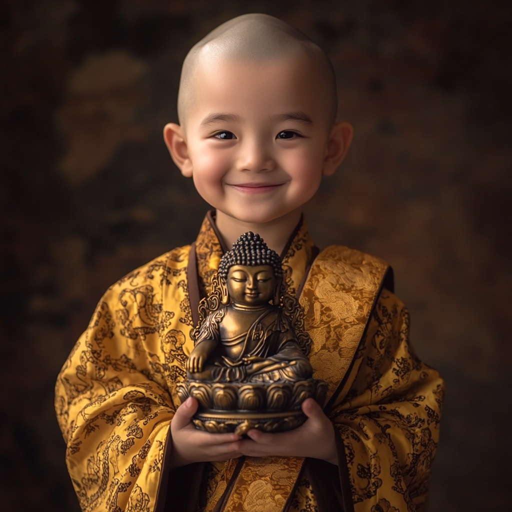 Cute monk holds bronze Buddha, smiles for camera.