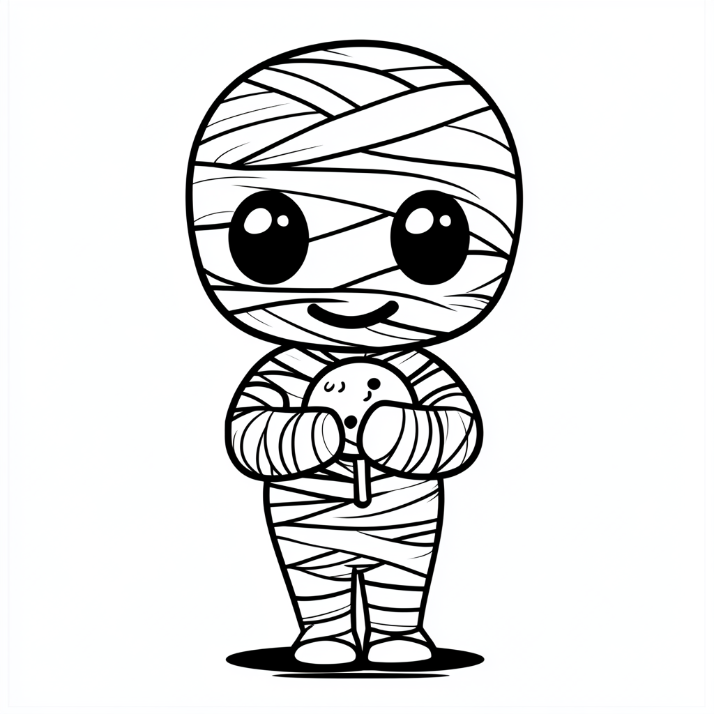 Cute mummy holding small candy in fun coloring page.