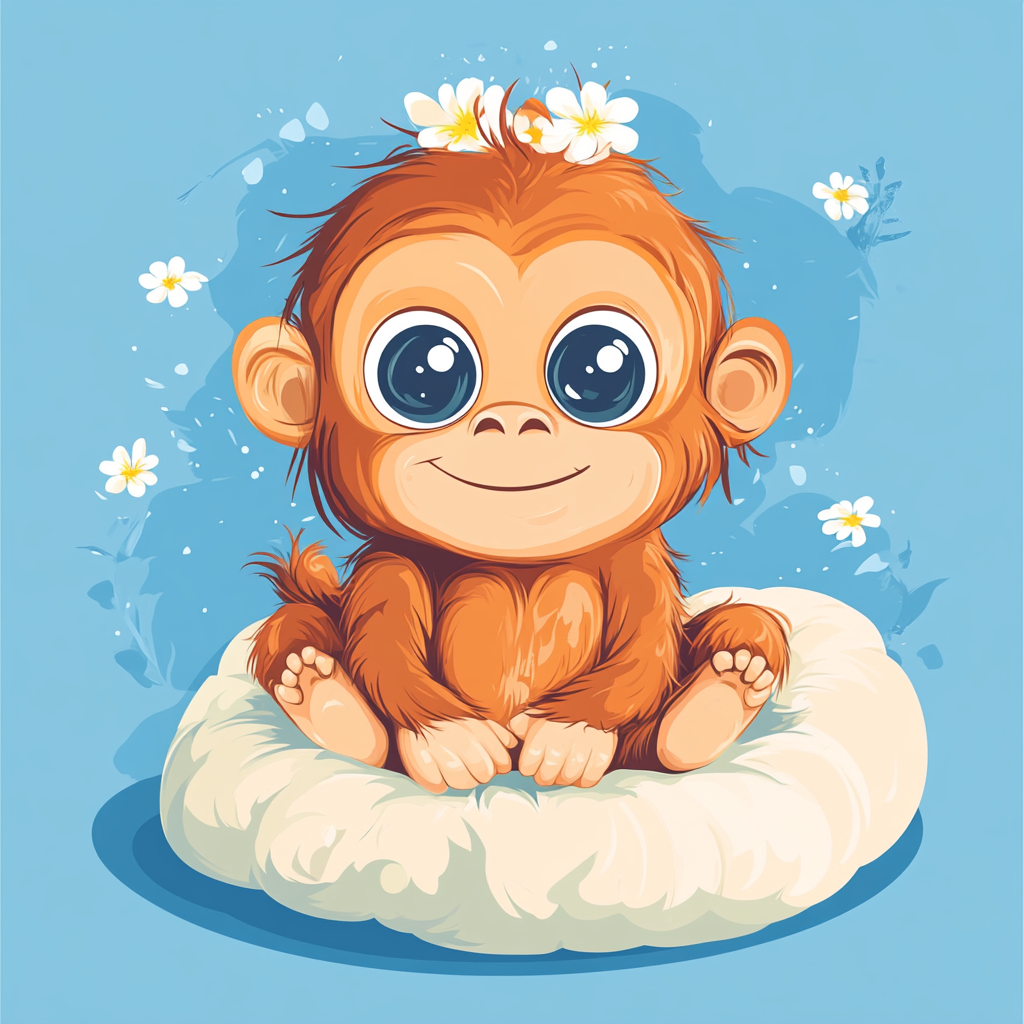 Cute orangutan on pillow with big eyes and flowers.