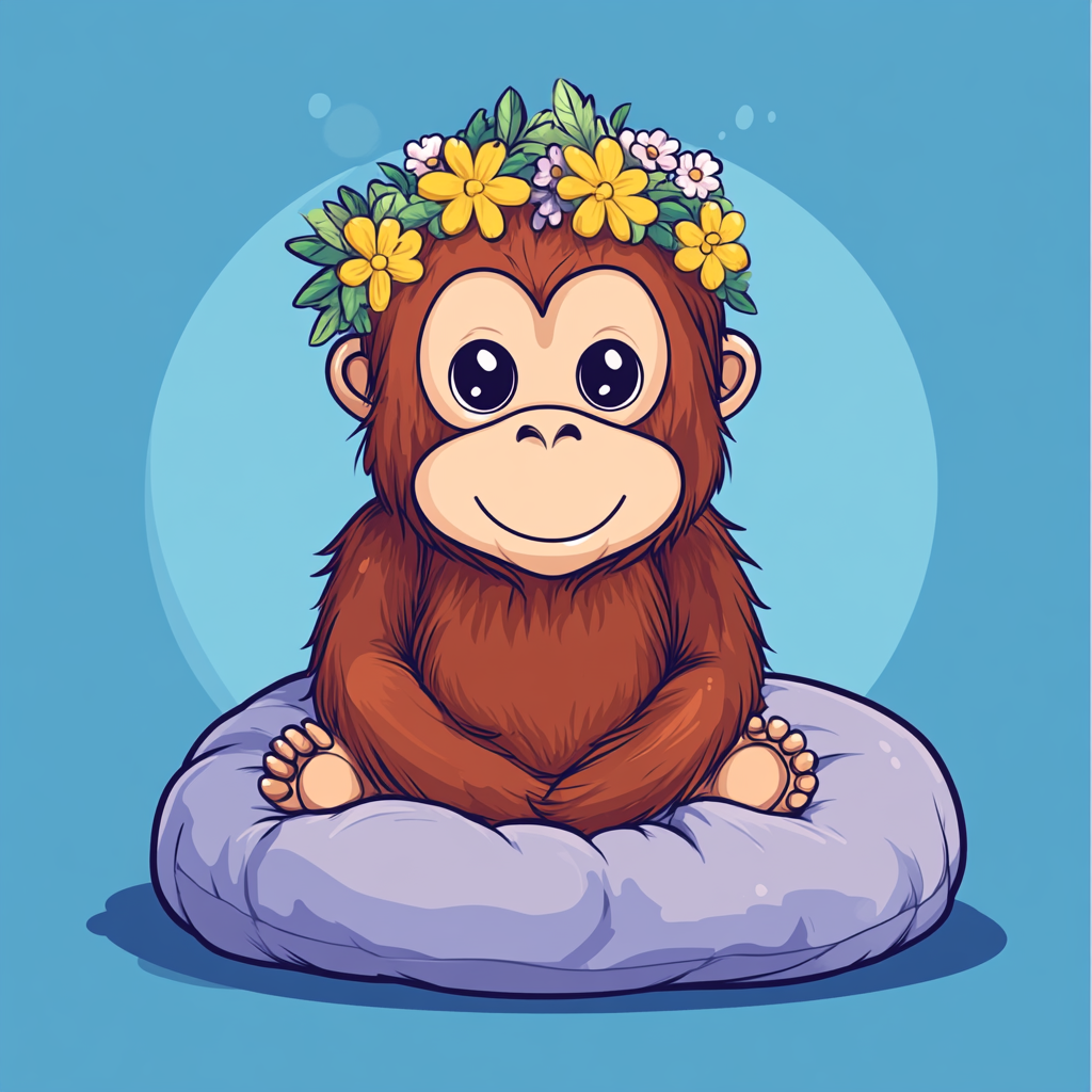 Cute orangutan with flowers on head sitting on pillow.