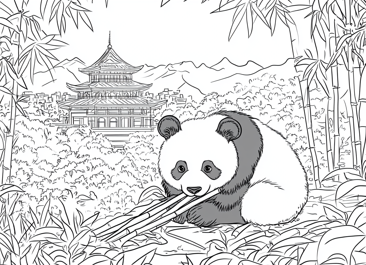 Cute panda eating bamboo in front of temple.