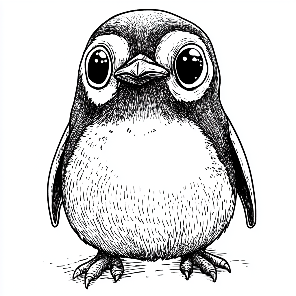 Cute penguin with oversized head, round body, large eyes.