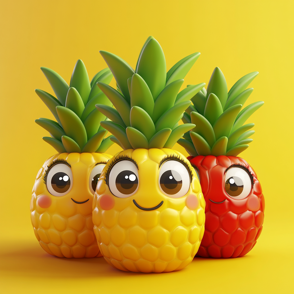 Cute pineapple characters with big eyes and smiles.