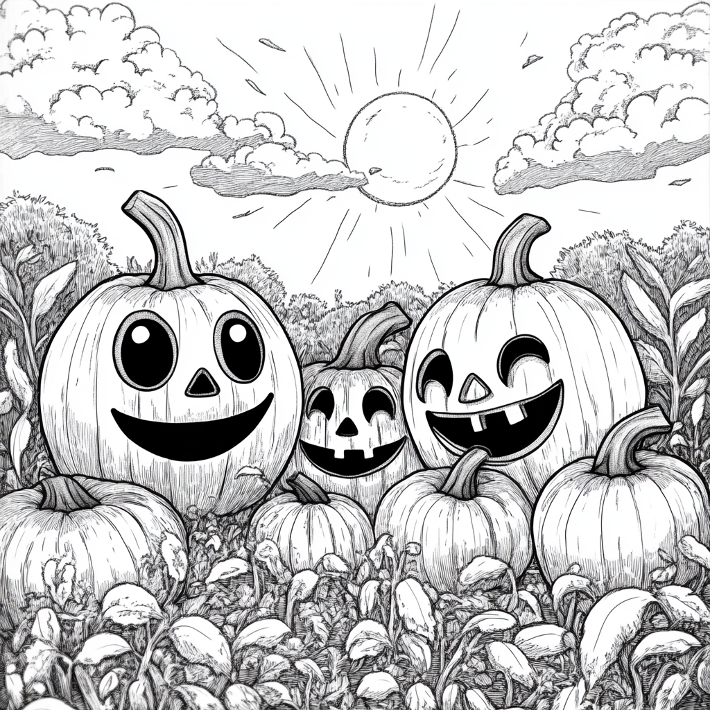 Cute pumpkin family in patch, sunny sky, smiling faces.