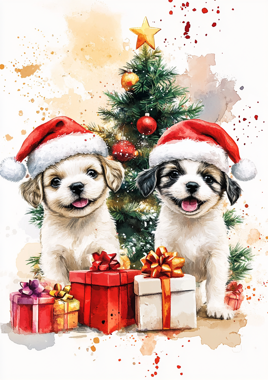 Cute puppies in Santa hats by Christmas tree