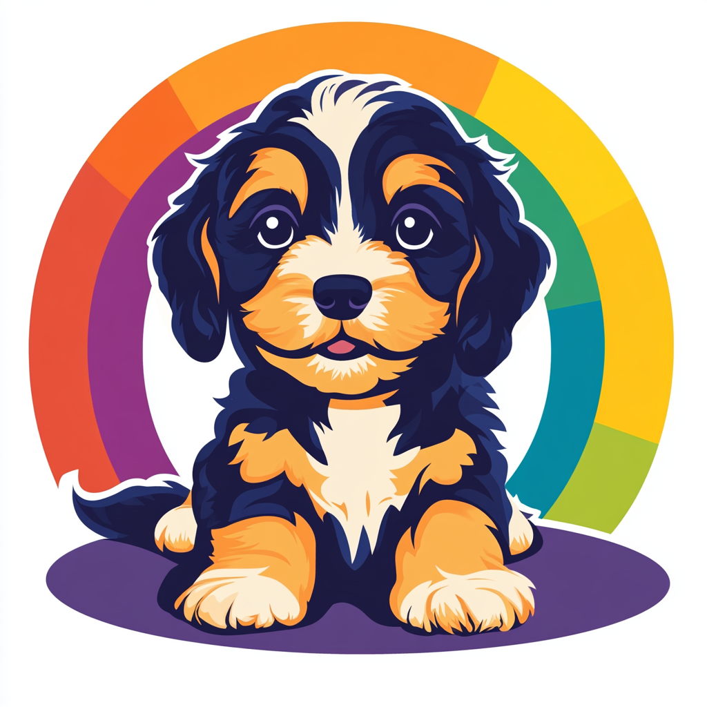 Cute puppy getting groomed with rainbow background circle.