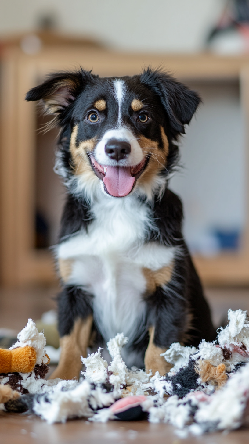 Cute puppy with toys, tongue out, smiling for camera.