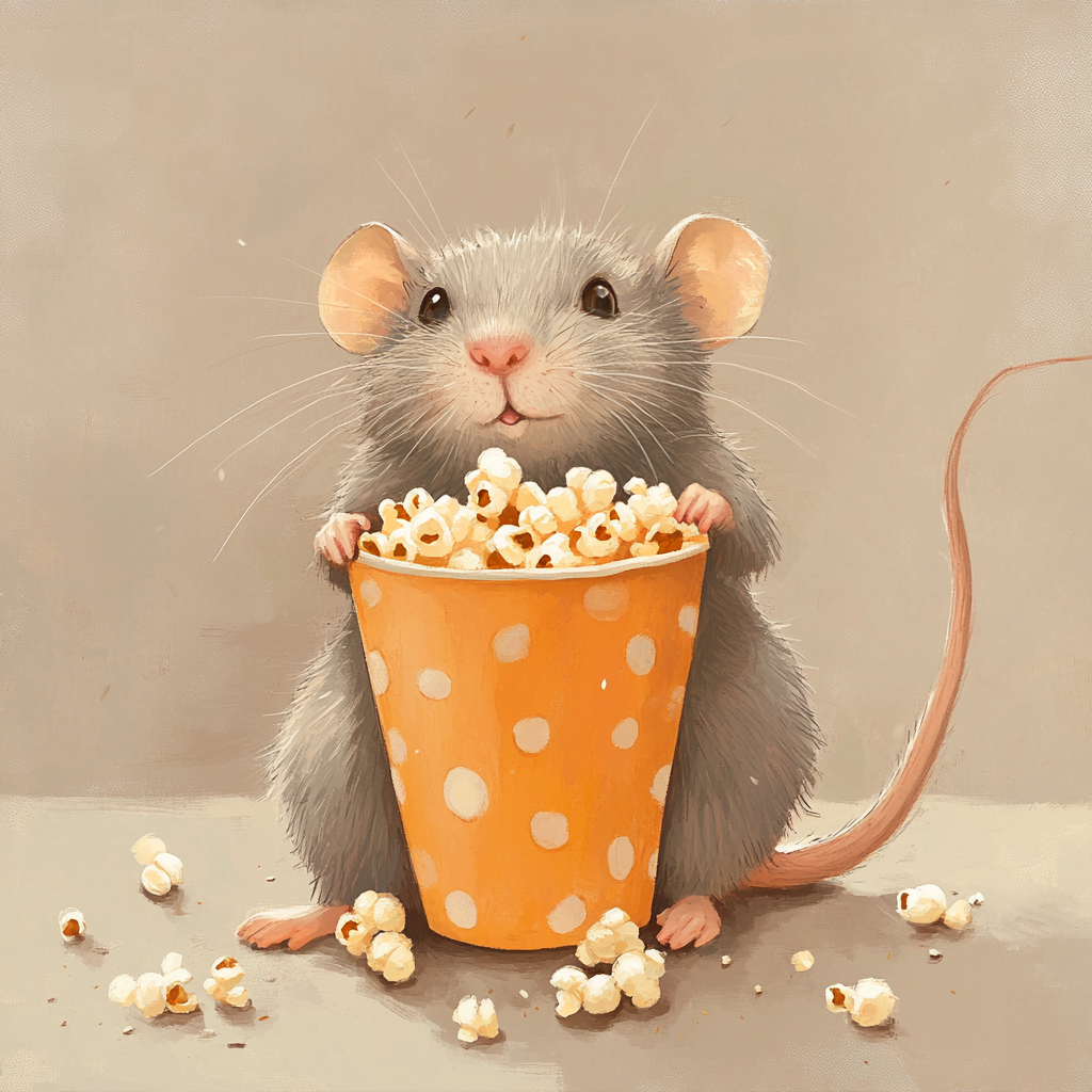 Cute rat sitting by popcorn cup, children's book.