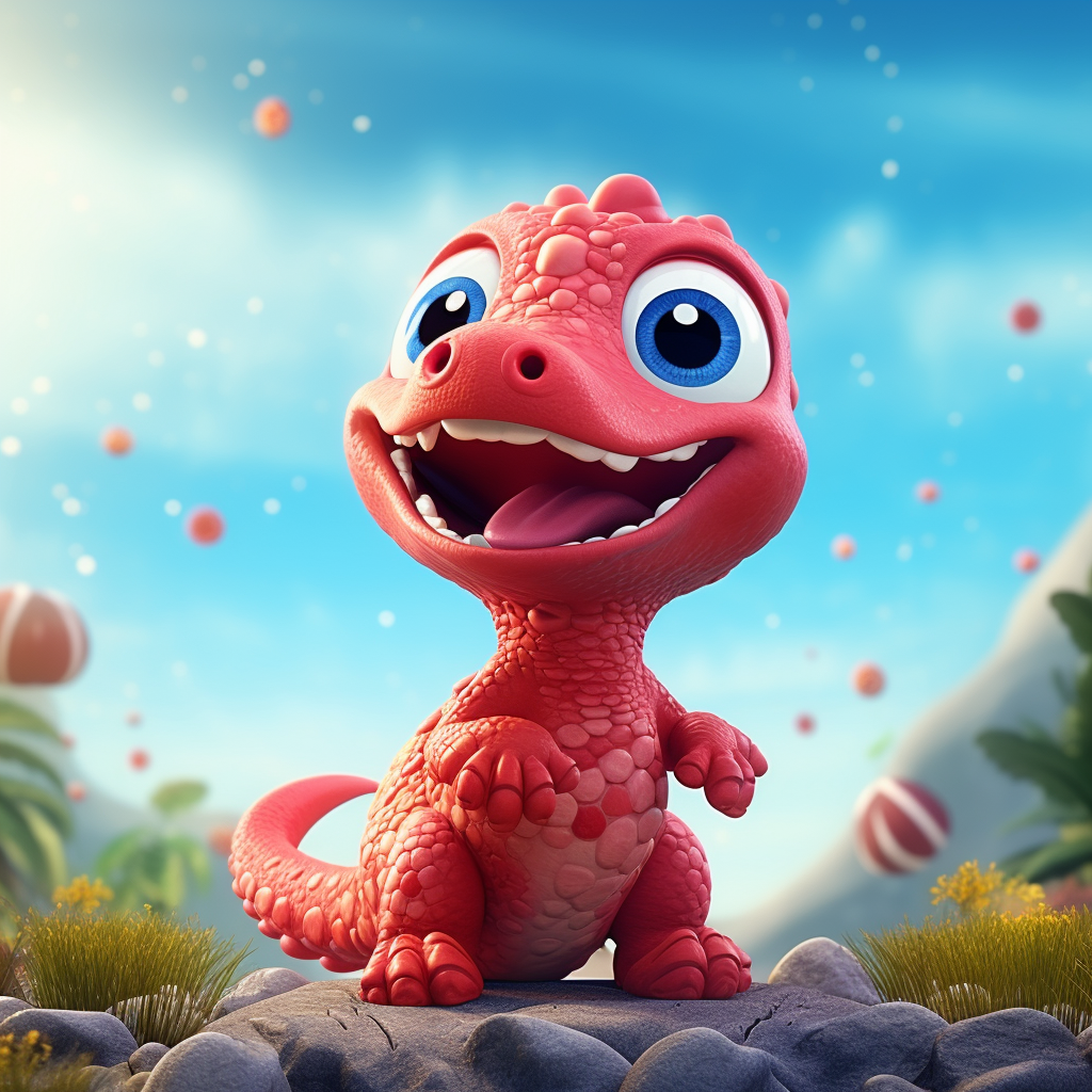 Cute red dinosaur kid with big eyes smiling joyfully.