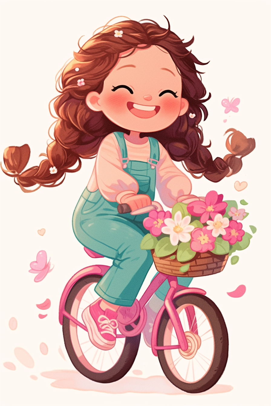 Cute smiling girl on bike with flowers.