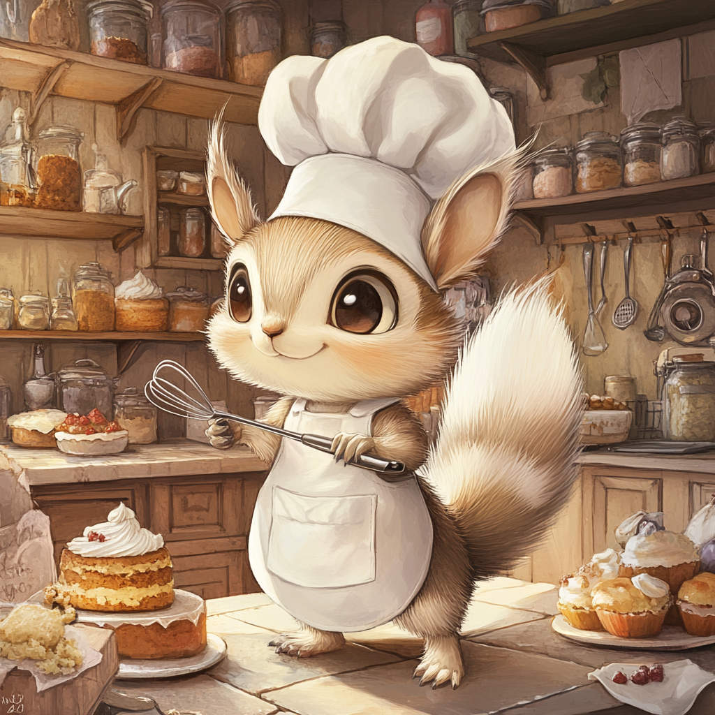 Cute squirrel dressed as pastry chef in bakery.