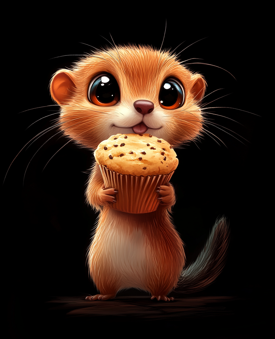 Cute weasel pulls muffin in funny cartoon style