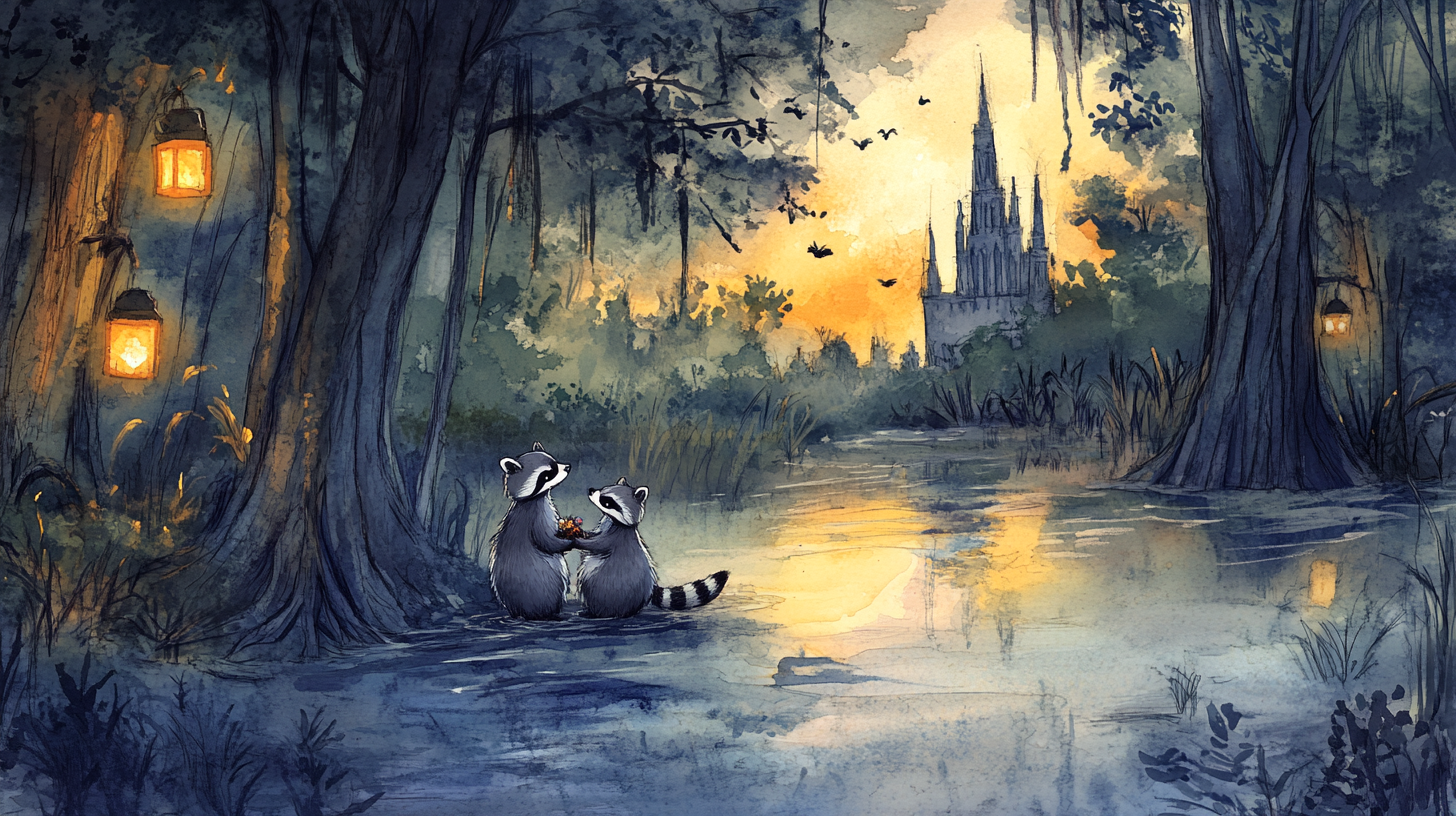 Cute wedding for raccoons in swamp-cathedral mix. Lanterns. Ink.