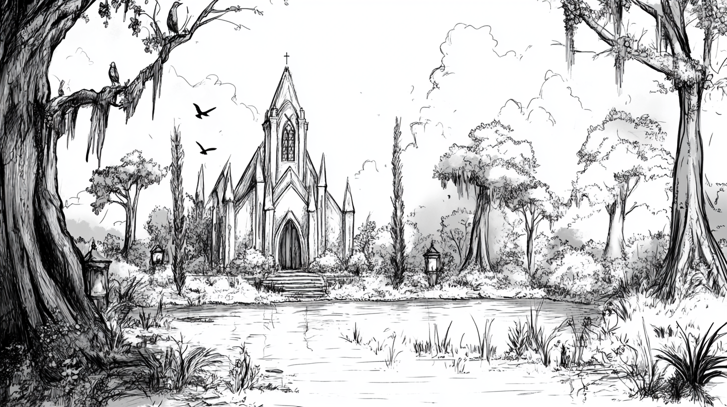 Cute wedding sketch with swamp, cathedral, lantern lighting.