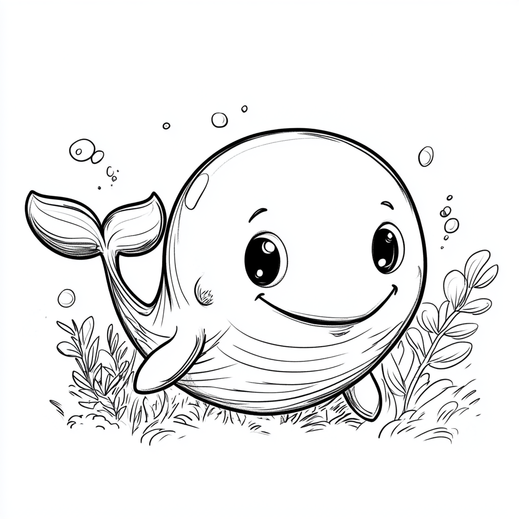 Cute whale illustration in black ink on white background.