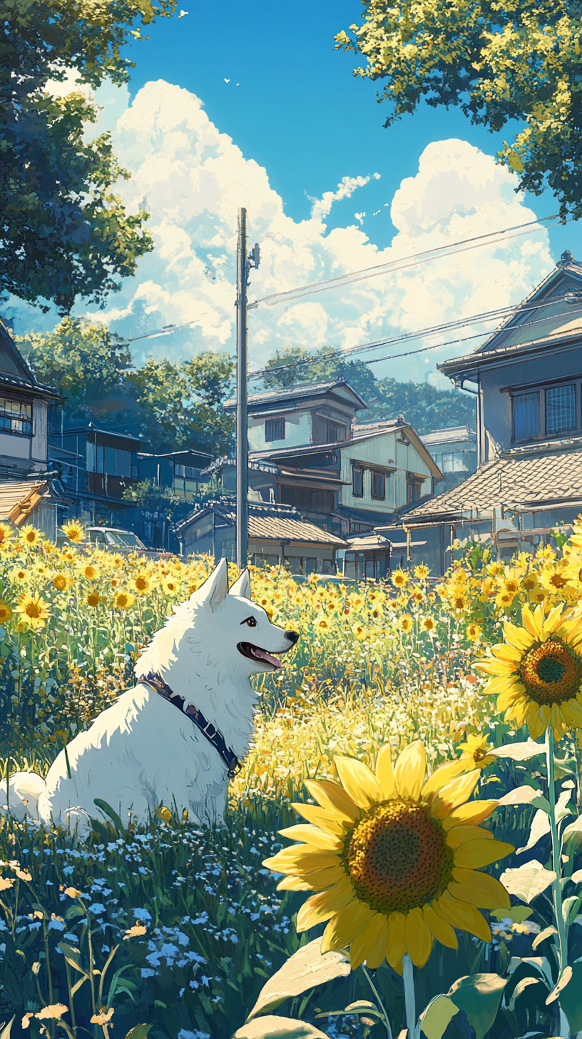 Cute white dog in Japanese countryside with sunflowers.