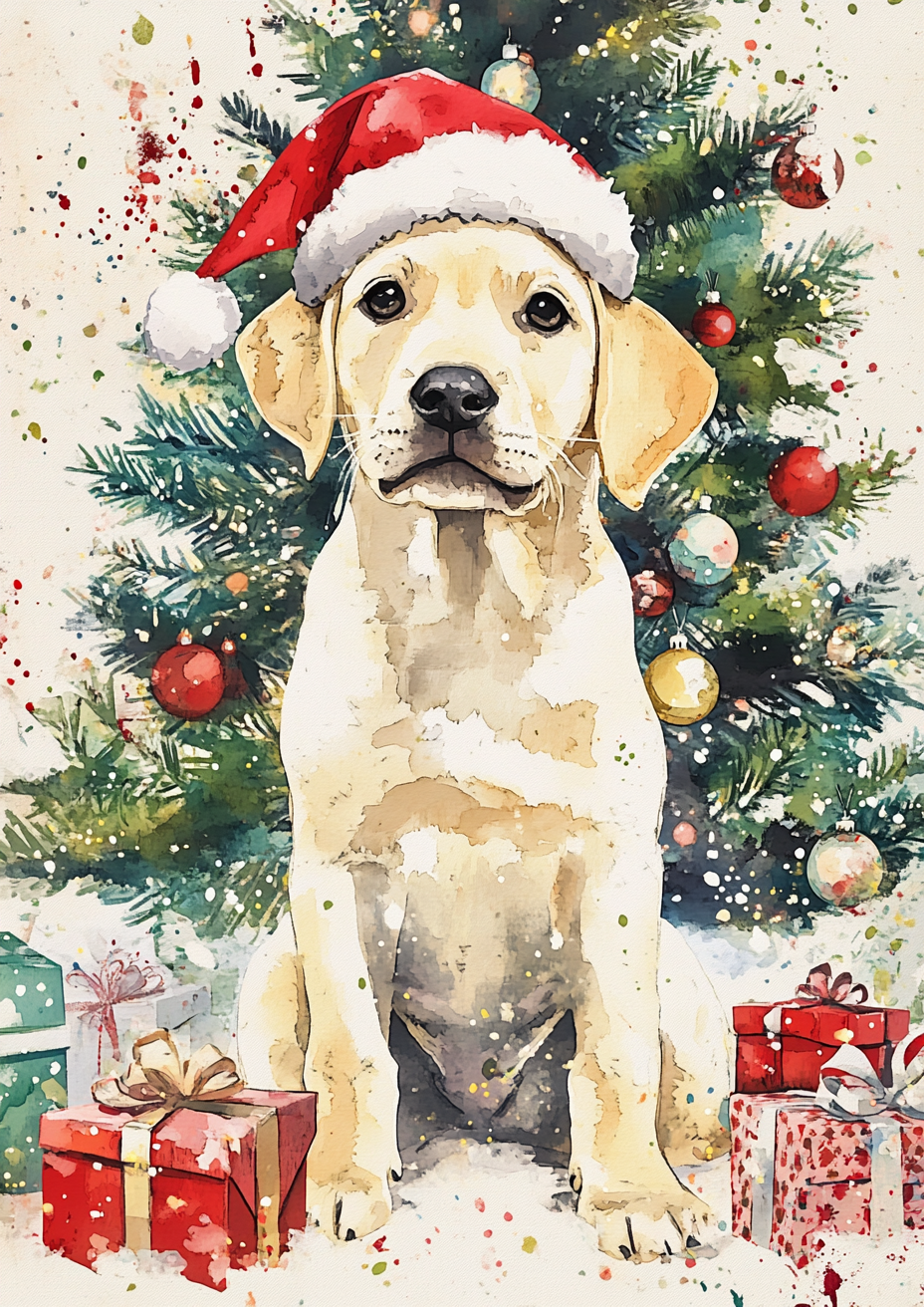 Cute yellow Labrador puppy in Santa hat on Christmas card