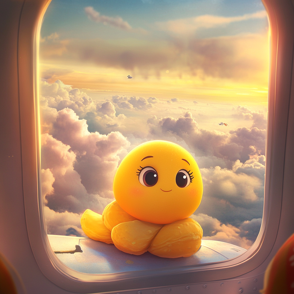 Cute yellow modak on airplane with cloudy sky view