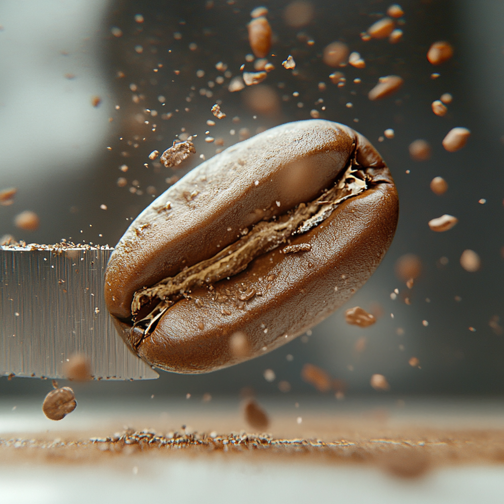 Cutting coffee bean: silver blade slices through