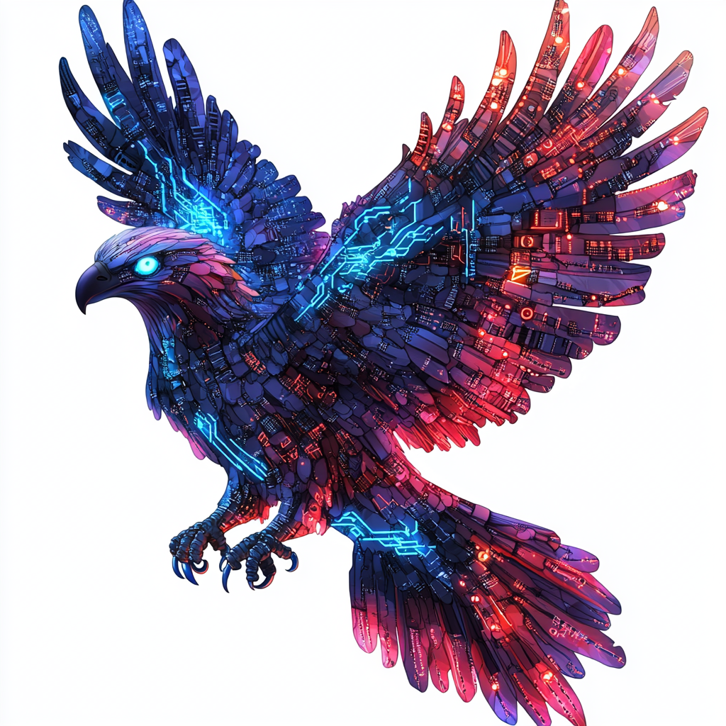 Cyber-enhanced eagle with metallic wings and glowing eyes.