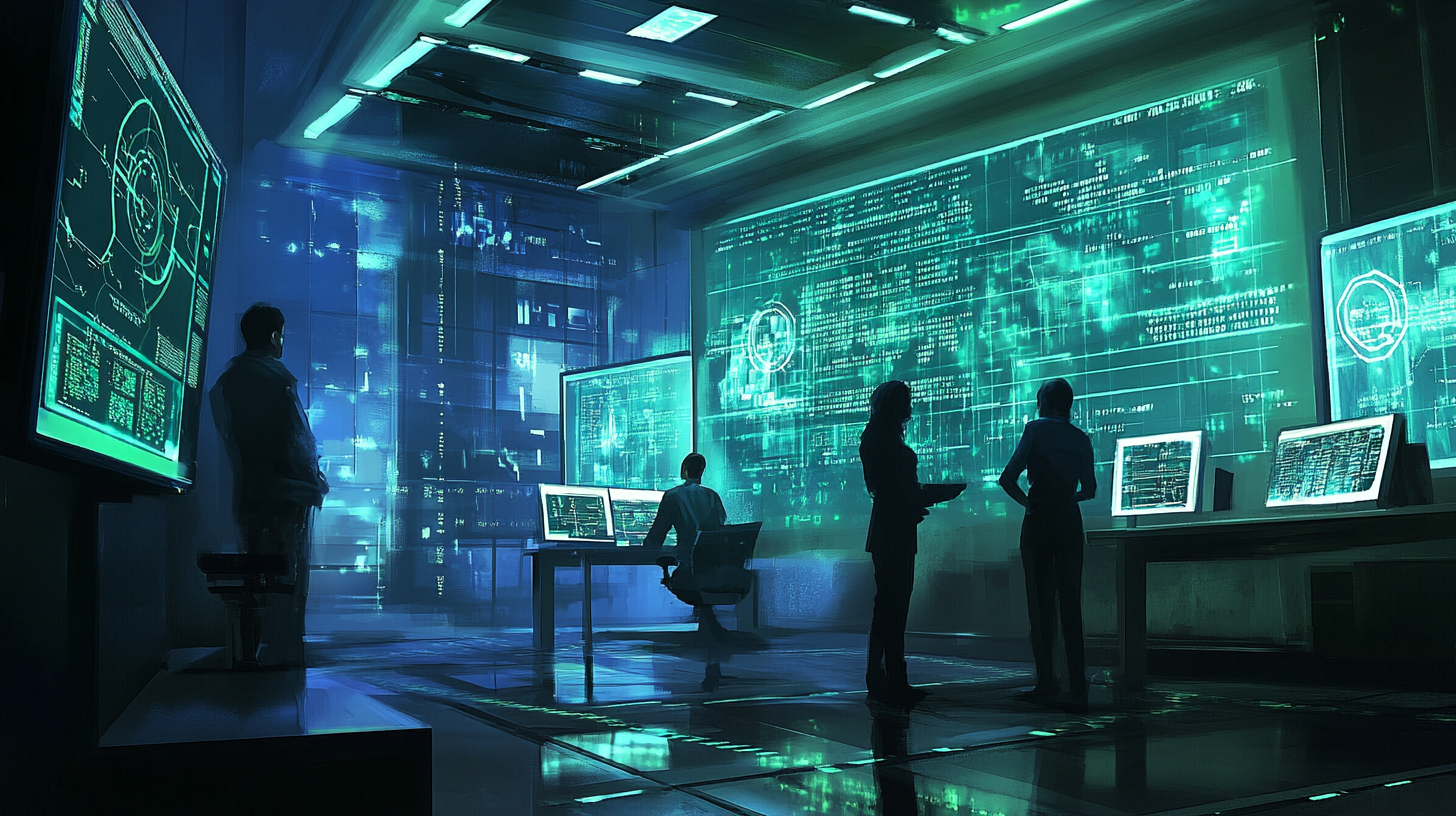 Cyber security team in futuristic workspace, dynamic and inviting