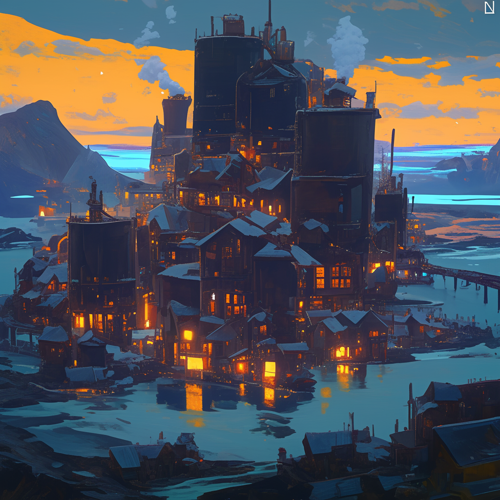 Cyberpunk English village on ocean shore concept art