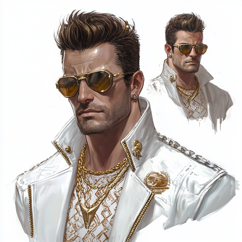 Cyberpunk Mafia captain with brown hair, aviator sunglasses.