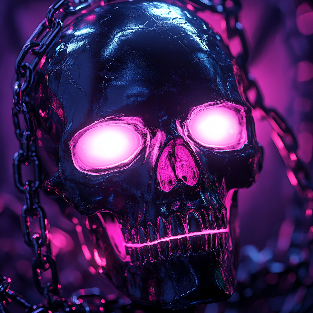 Cyberpunk anime skull with glowing eyes and chains.