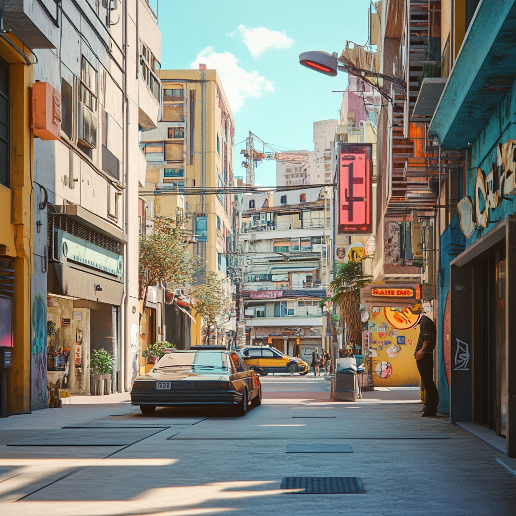 Cyberpunk city street in daytime with parked cars.