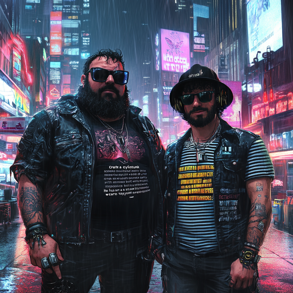 Cyberpunk city: rugged man and friendly companion stand together.