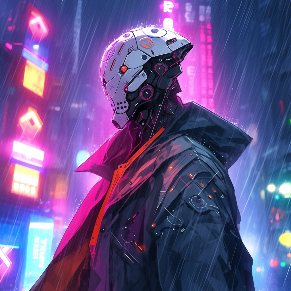 Cyberpunk cyborg in akatsuki jacket under neon city rain.