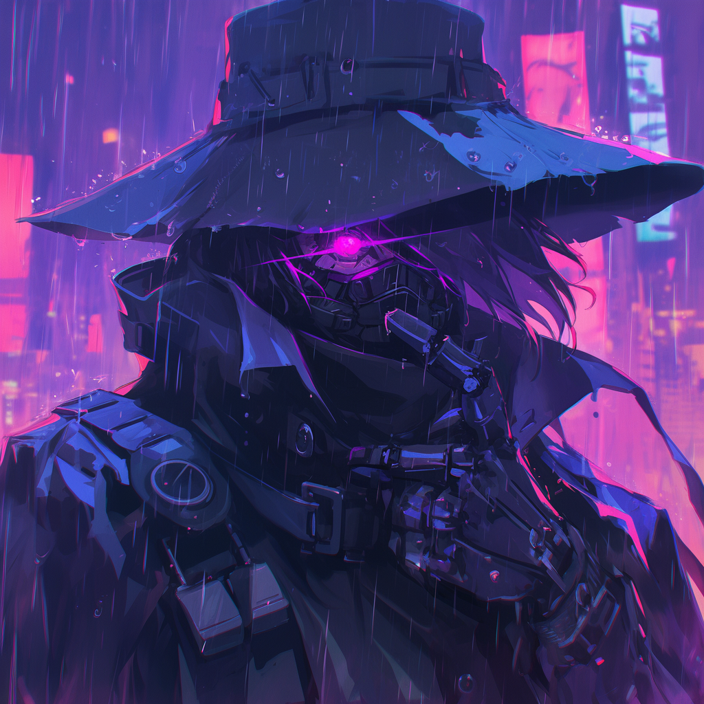 Cyberpunk detective in alley with futuristic hat and gadgets.