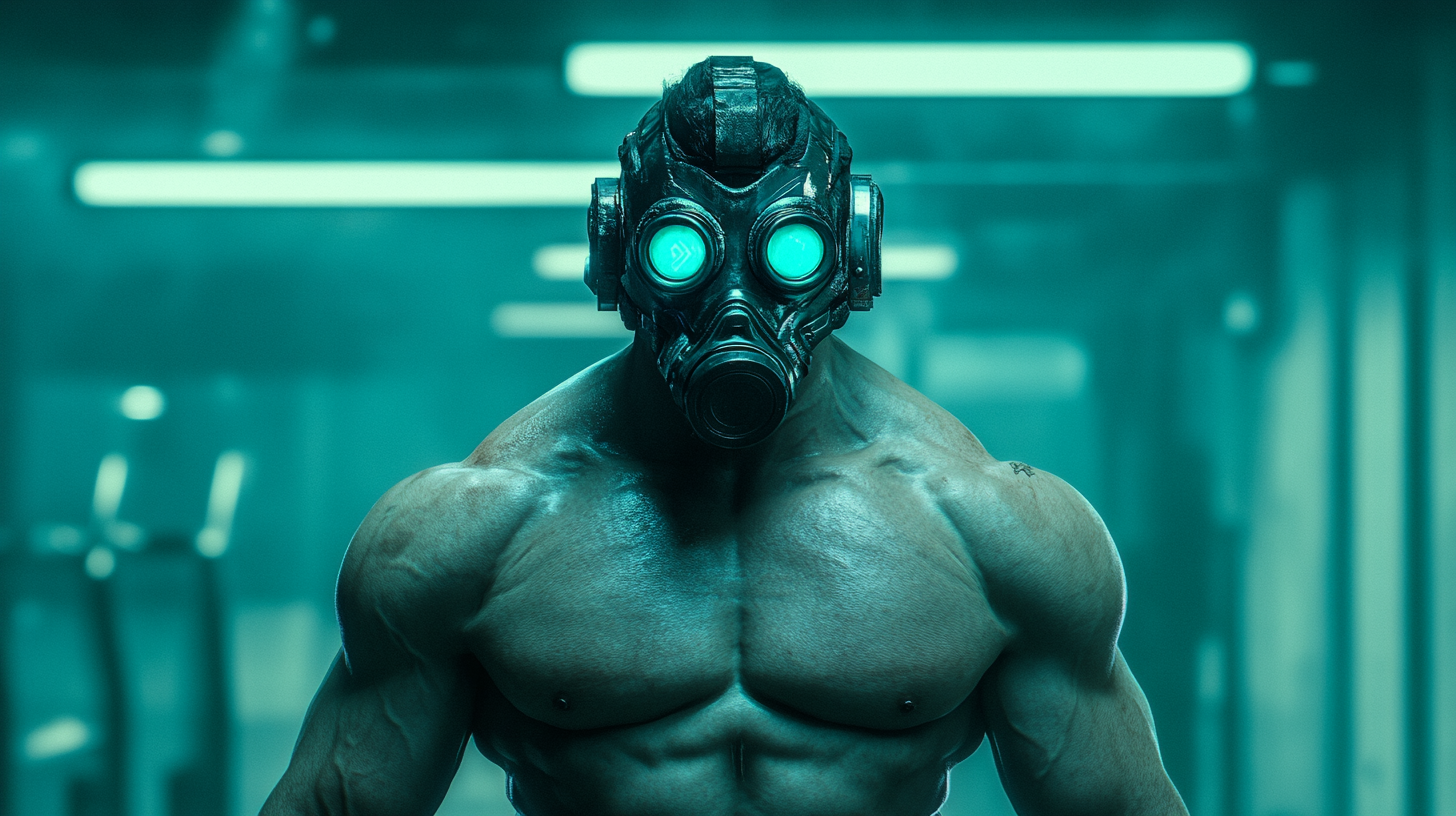 Cyberpunk gym hero with glowing teal eyes