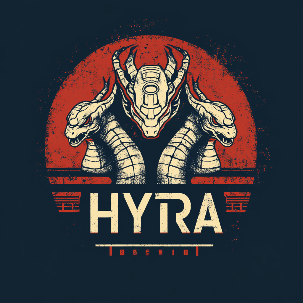 Cyberpunk hydra with Japanese woodblock elements logo design.