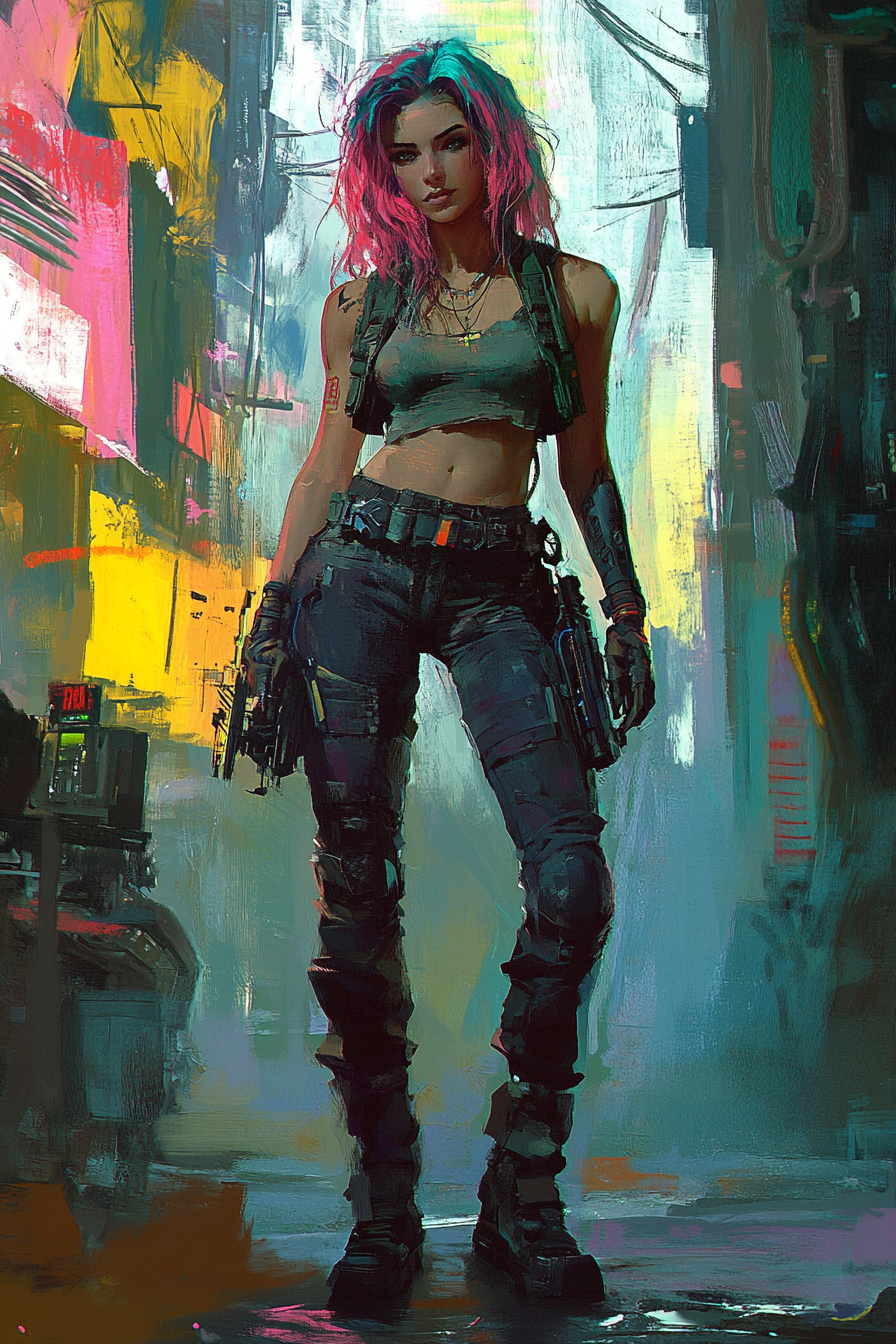 Cyberpunk mechanic girl in lit garage.