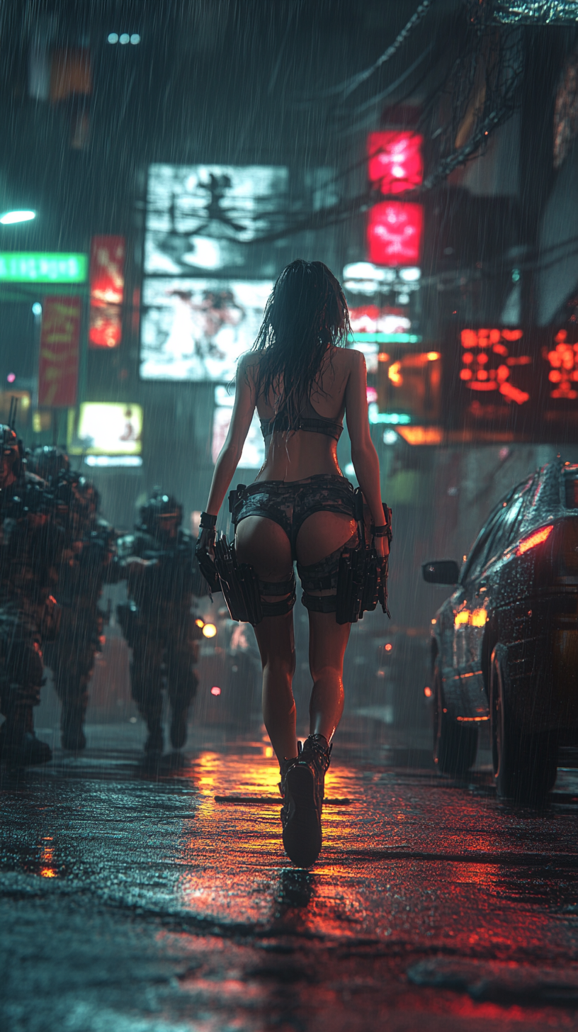 Cyberpunk neo-Tokyo with teenage girl running from swat.