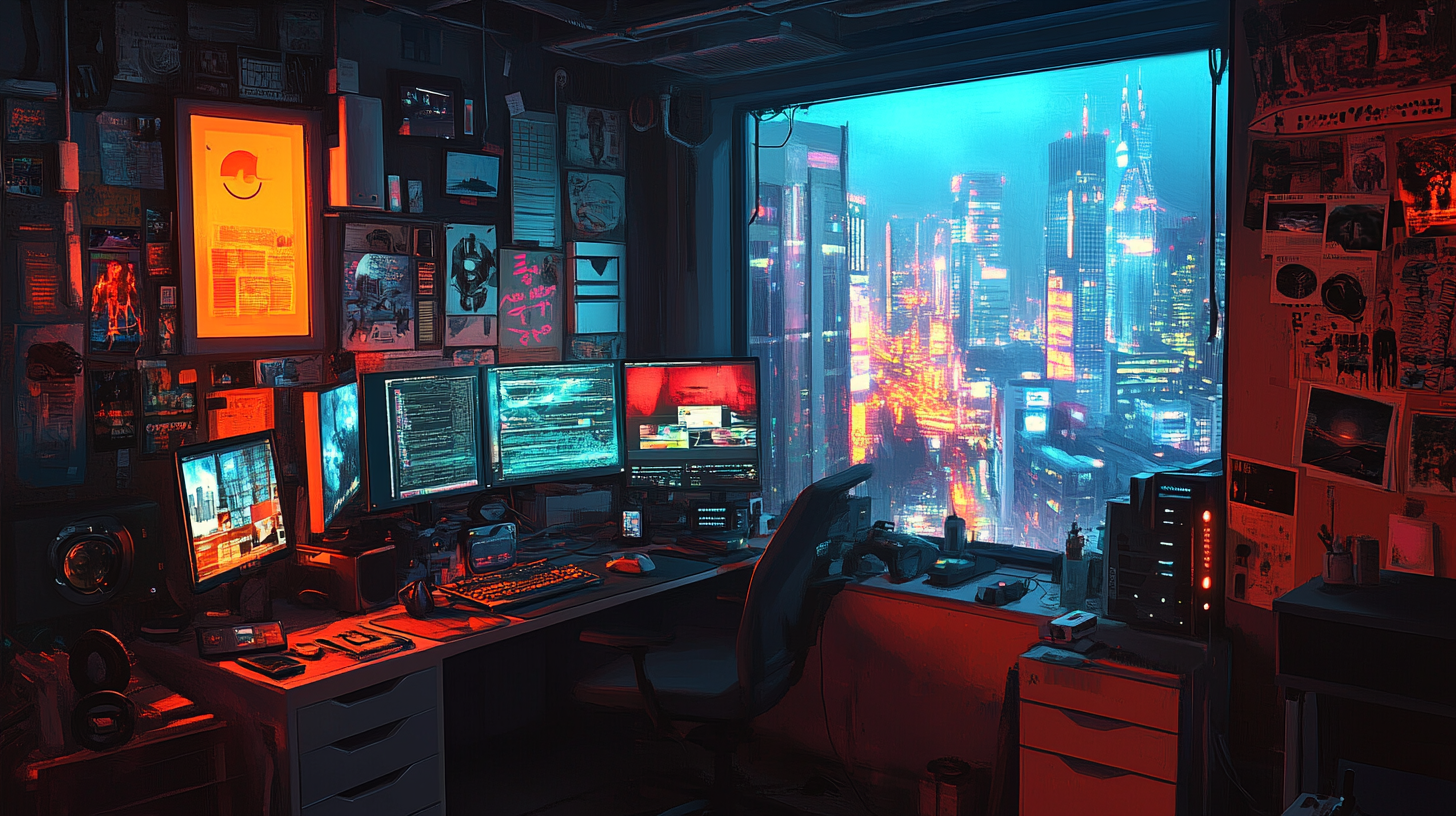 Cyberpunk room in high-rise overlooking futuristic cityscape