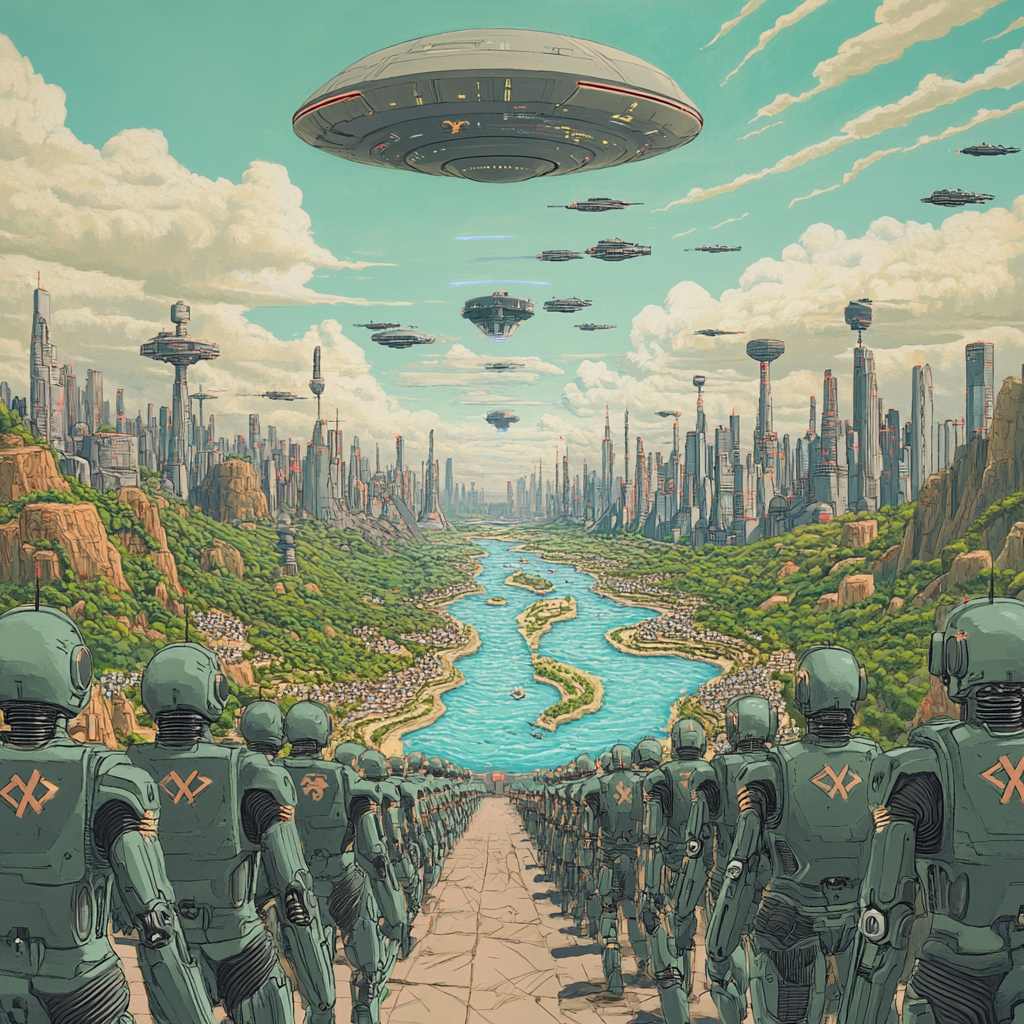 Cyborg Army with X Symbols and UFOs in Techno City