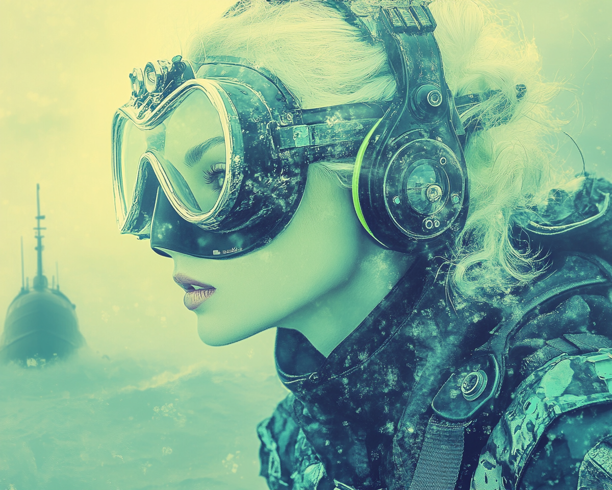 Cyborg Woman Diver Waiting By Sea 