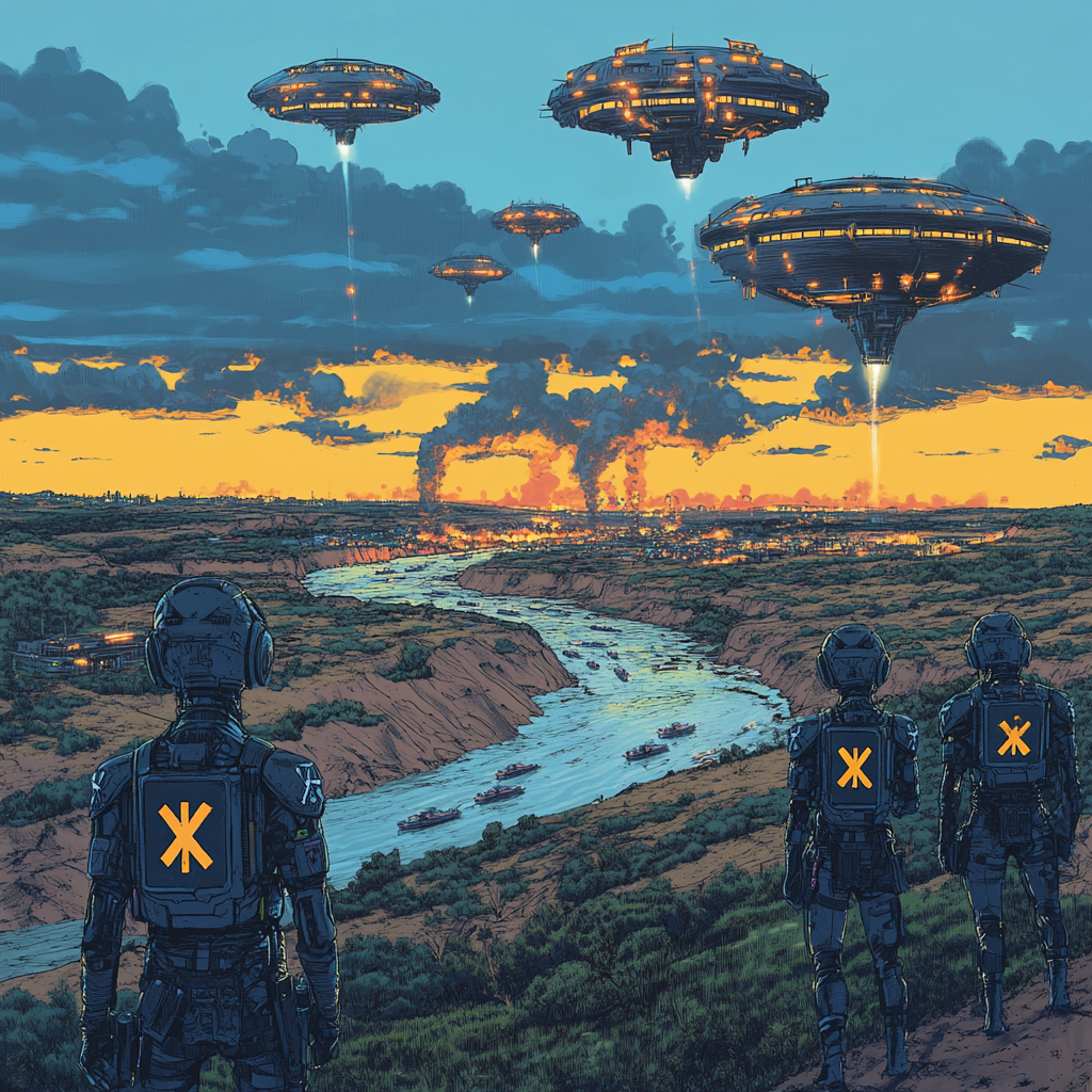 Cyborg army with X symbols, UFOs, merging rivers