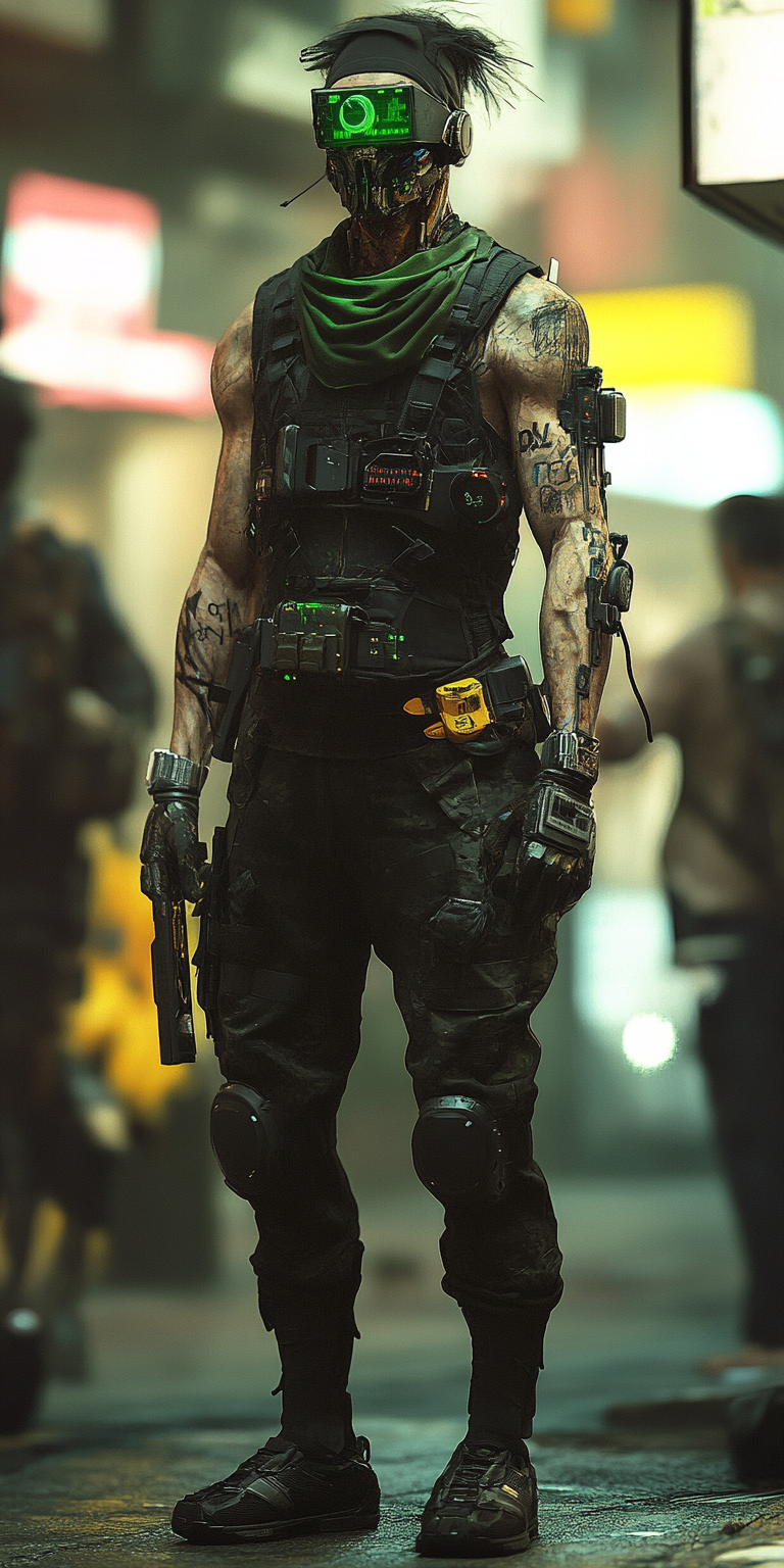 Cyborg gang member in camo plastic, sensors and bandana.